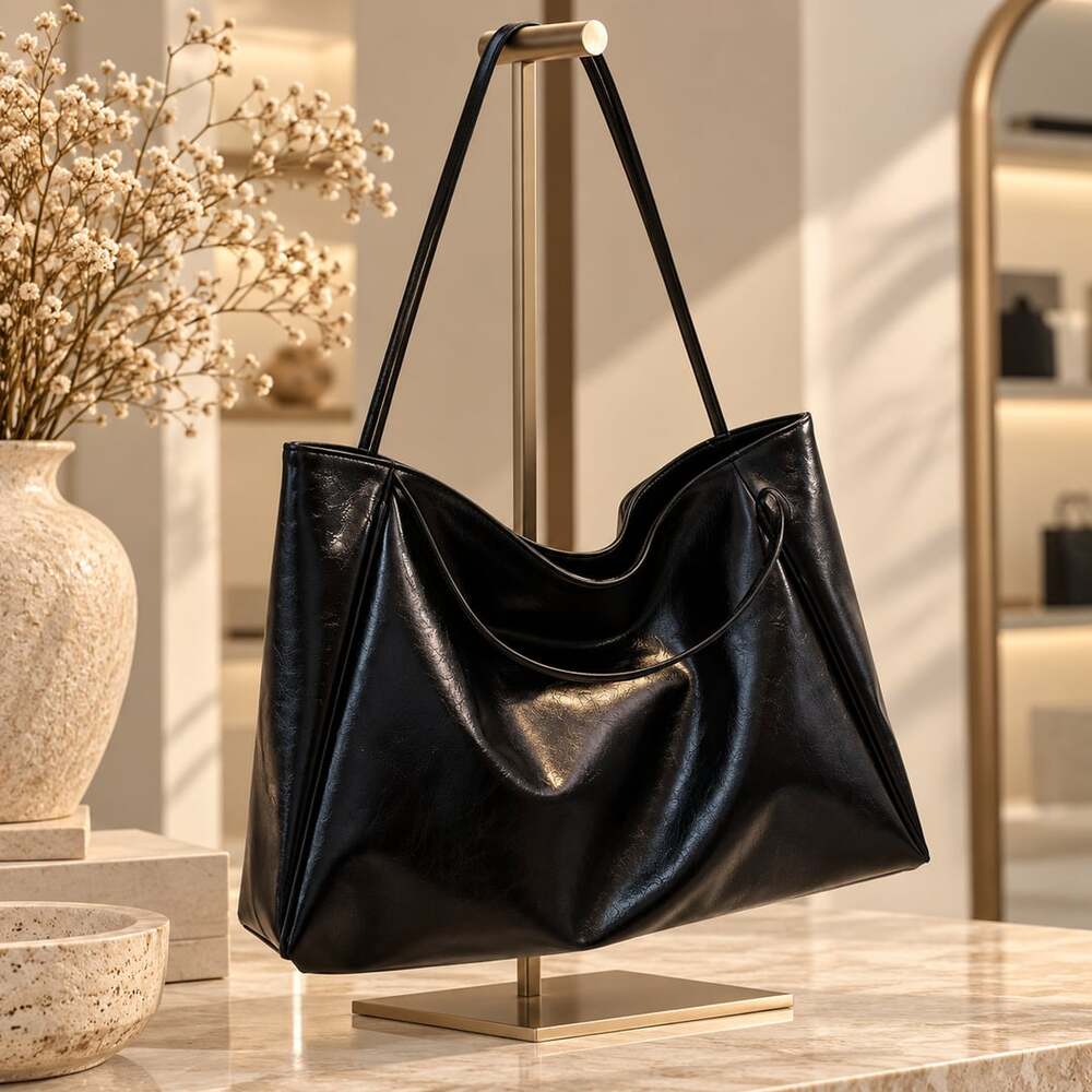 Black Faux Leather Tote Bag Large Capacity Shoulder Handbag Purse